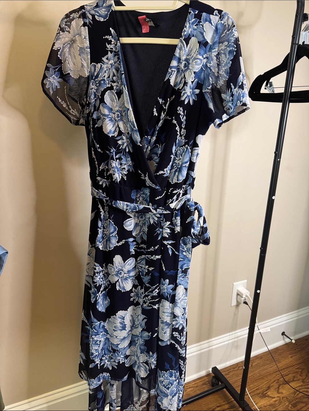 R&M Richards Navy and Light Blue Floral High-Low Wrap Dress